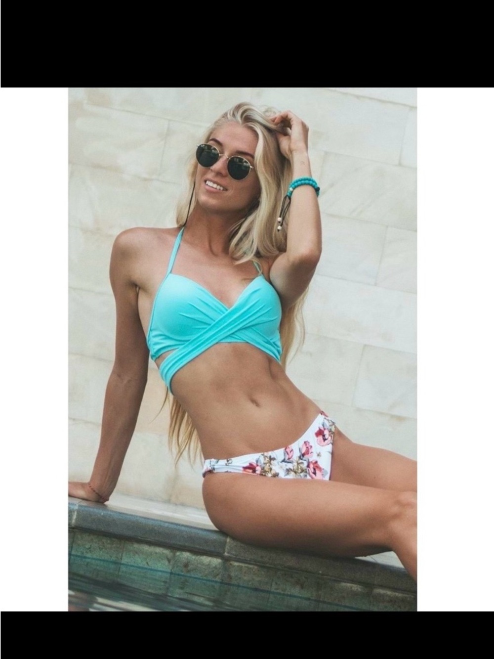 NWT Cupshe Turquoise Wrap Halter Bikini Top with Floral Bottoms